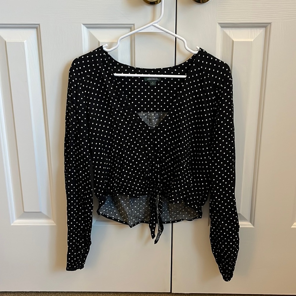 Target, size M, black polka dot long sleeve cropped tee, tie in front